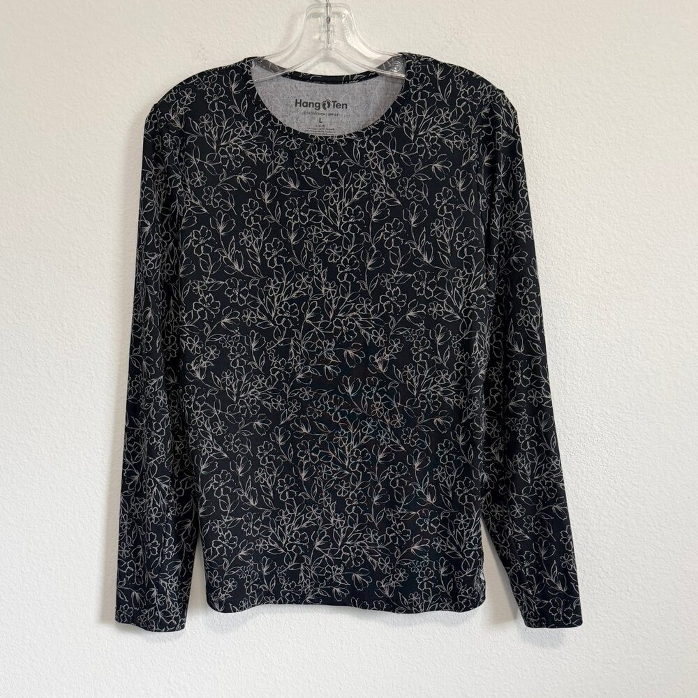 Hang Ten UPF 50+ Long Sleeve Crew Neck Black/White Floral Shirt Women's Size L.